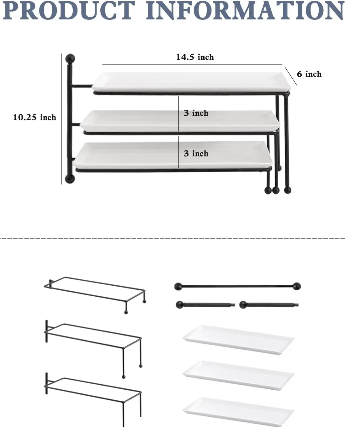 ชั้นวางอาหาร 3 ชั้น ทำจากพอร์ซเลนสีขาว ถาดขนาด 14.5 นิ้ว x 6 นิ้ว สำหรับใส่ของหวานและงานเลี้ยง