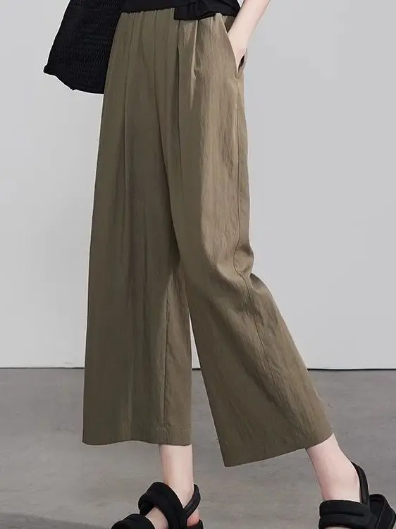 Summer 2025 Women's Casual High Waist Straight Leg Wide Leg Pants Nine Points Loose Fit Versatile Simple Style Outerwear Trou...