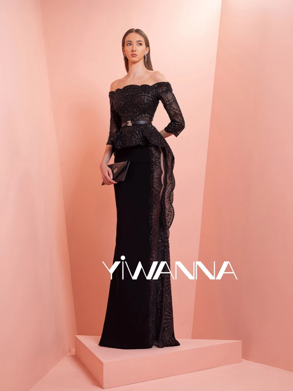

Black Beaded Pearls Long Evening Dress With Slit Off Shoulder Mother Of The Bride Dresses For Wedding Customzied Party Gown