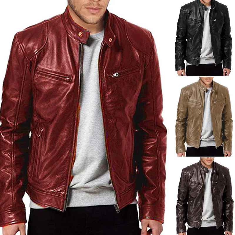 

2022 new men's cardigan explosion style PU jacket zipper solid color leather jacket leather jacket men