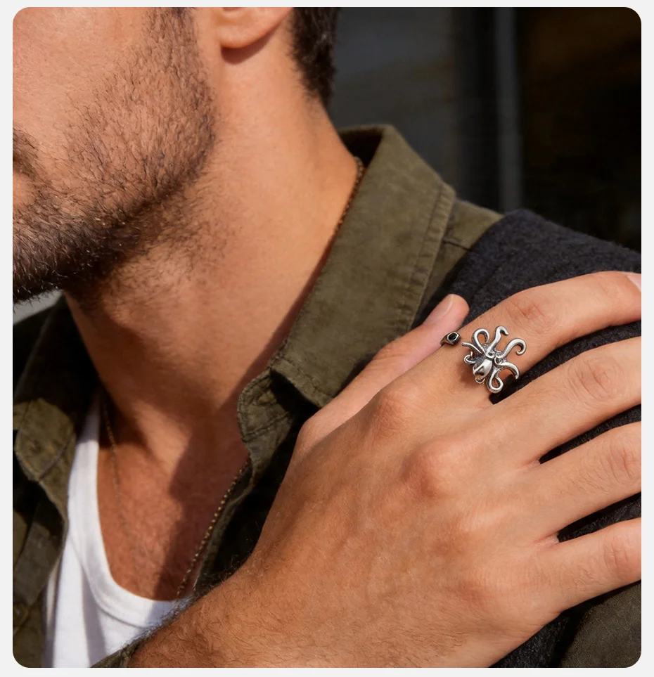 Vnox Vintage Edelstahl Oktopus-Ring, Punk-Tier-Ring für Männer und Frauen, Offener Verstellbarer Unisex-Schmuck Geschenke Größe 5-8 – Detail 4