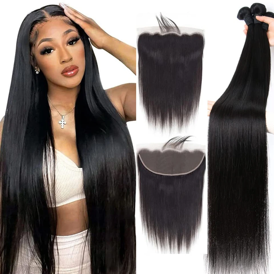 Straight Brazilian Human Hair 3 Bundles With 13x4 Frontal Transparent Lace Hair Bundle Extensions 4x4 Closure For Black Women