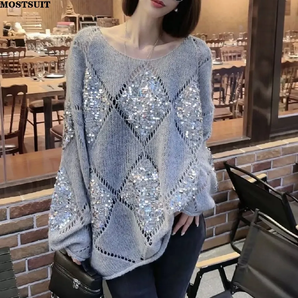 

Argyle Sequins Loose Knitted Sweater Tops Women 2023 Autumn Oversized Stylish Fashion Chic Long Sleeve Knitwear Pullover Jumpers