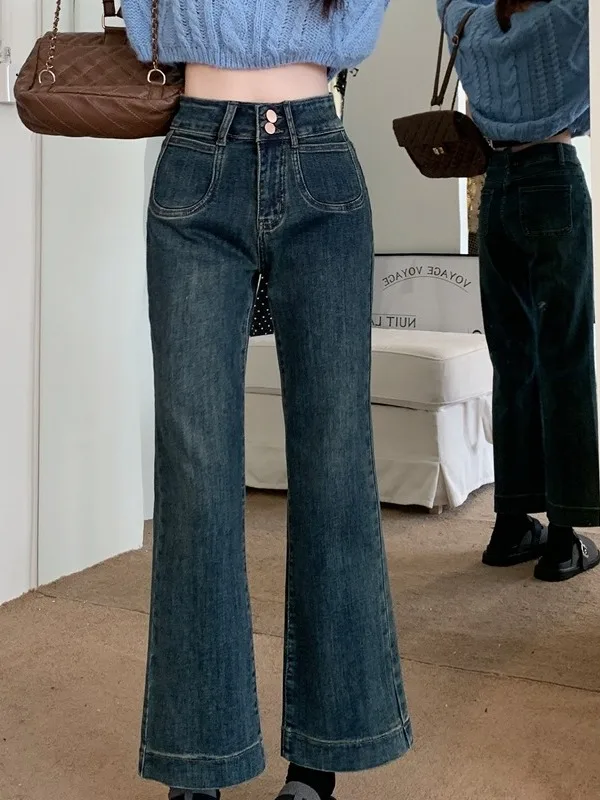 

Hong Kong Sle Retro Chic Women's Elastic Denim Jeans High Waist Straight Leg Nine Points Micro Flared Blue Jeans Ladies' Pr...