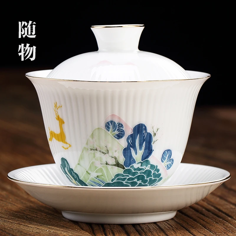 Cover Large Non Hot Single Ceramic Kung Fu Set Jingdezhen Sancai Cup White Porcelain Tea Bowl