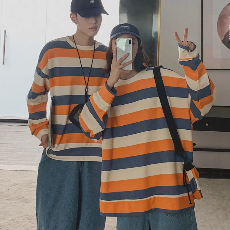 Oversized Crewneck Sweatshirt Stripes Loose Pullovers Couple Clothing Ins Women Clothing  Vintage Sweatshirt Long Sleeve Top