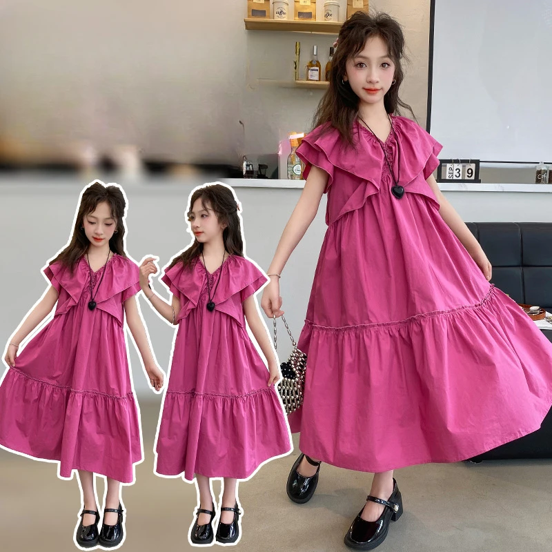 

Girls Dress Summer 2024 New Western Kids Summer Girls Sweet Ruffled Cotton Princess Skirt Korean Simple Style Clothes Skirt