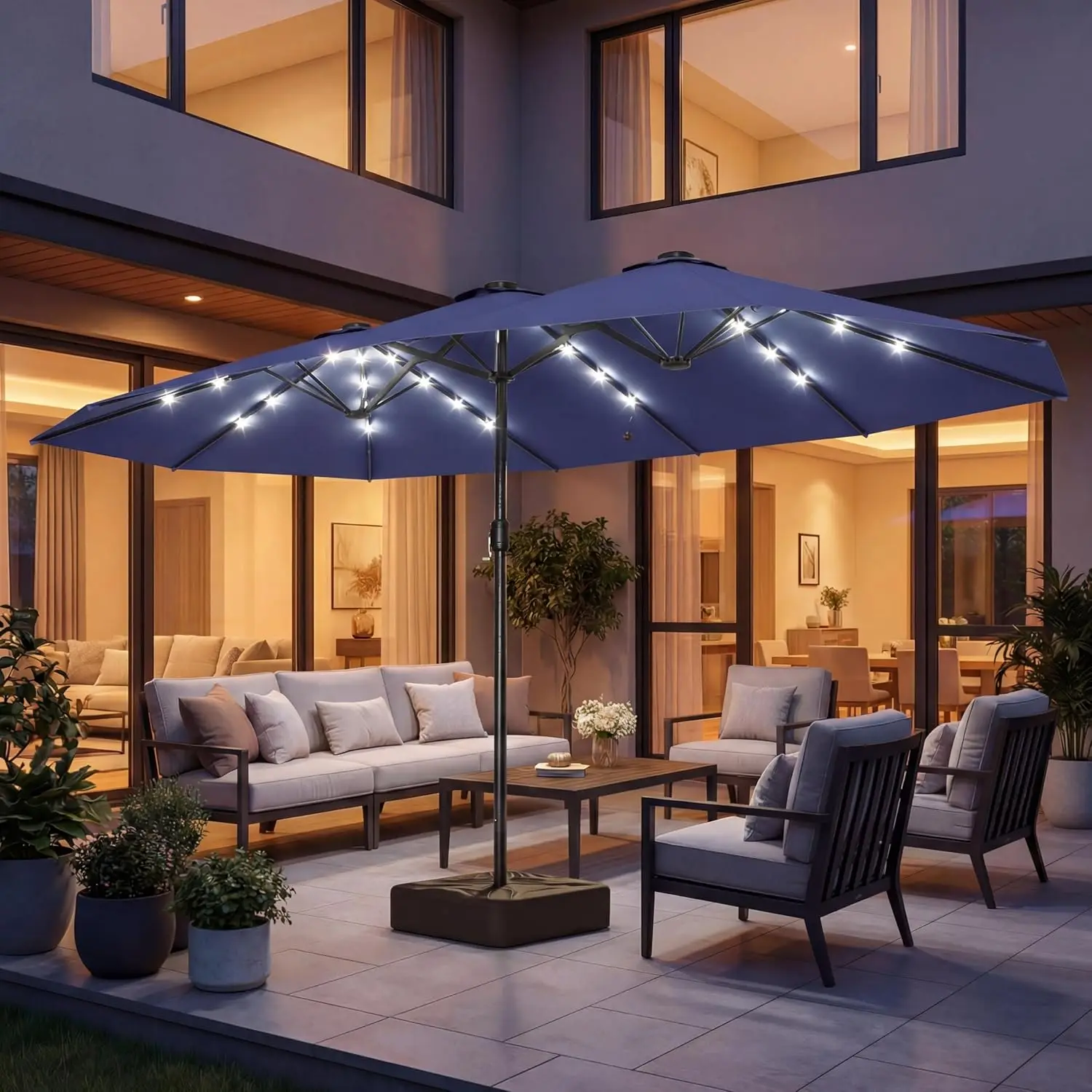 

13ft Large Patio Umbrella with Solar Lights, Double-Sided Rectangle Outdoor Umbrella with Base Included, Patio Table Umbrella fo
