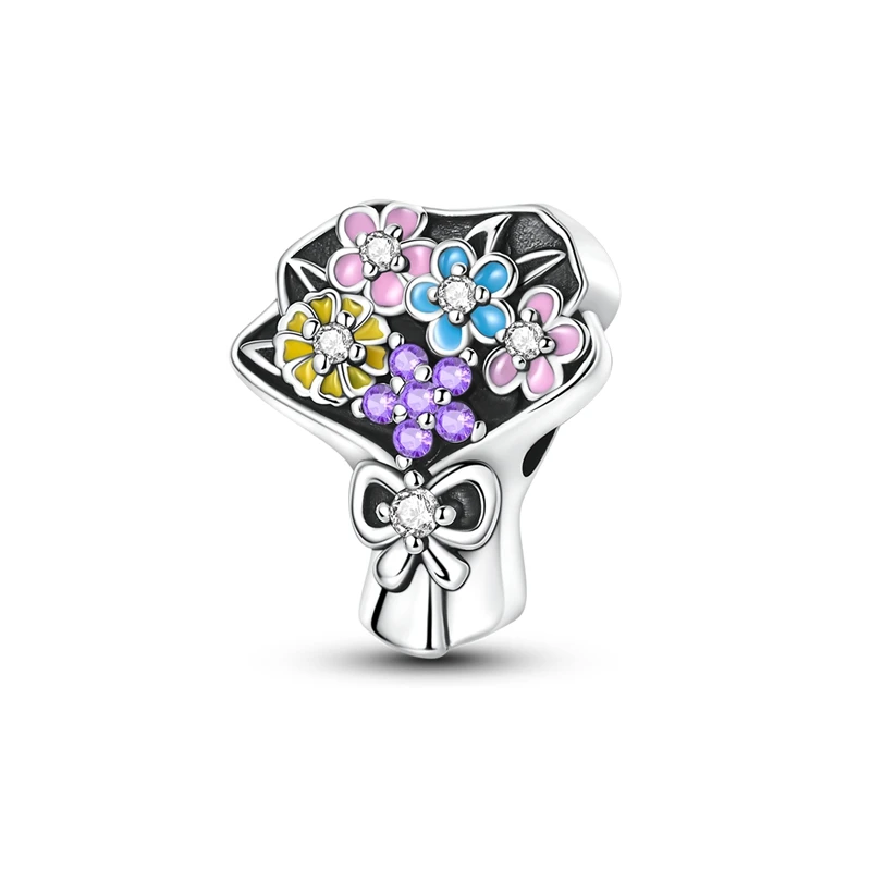 

925 Sterling Silver Charms Bead Colorful Flowers Dangle Fit Original Bracelet Women Jewelry Gift