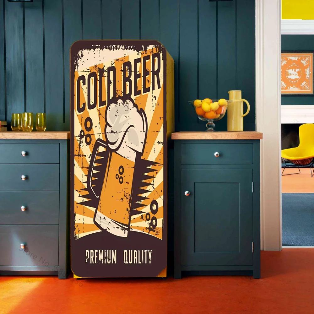 Retro Beer Design Poster Refrigerator Door Wrap Sticker Waterproof PVC Vintage Cheers Hand Drawn Printed Fridge Door Mural Decal