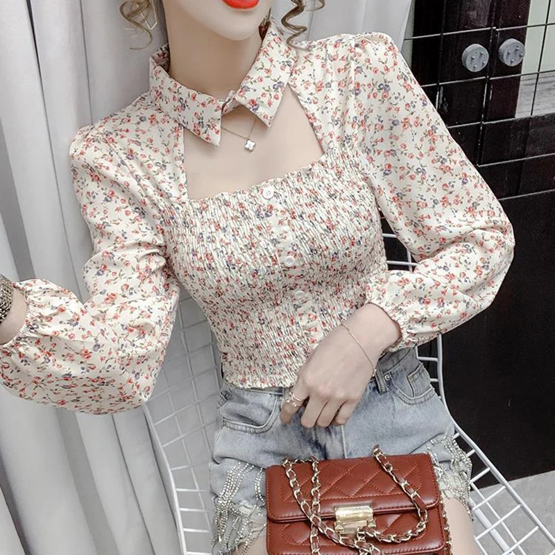 New Women Vintage Sexy Hollow Floral Print Chiffon Blouses Elegant Fashion Slim Long Sleeve Shirts Female Casual Sweet Chic Tops