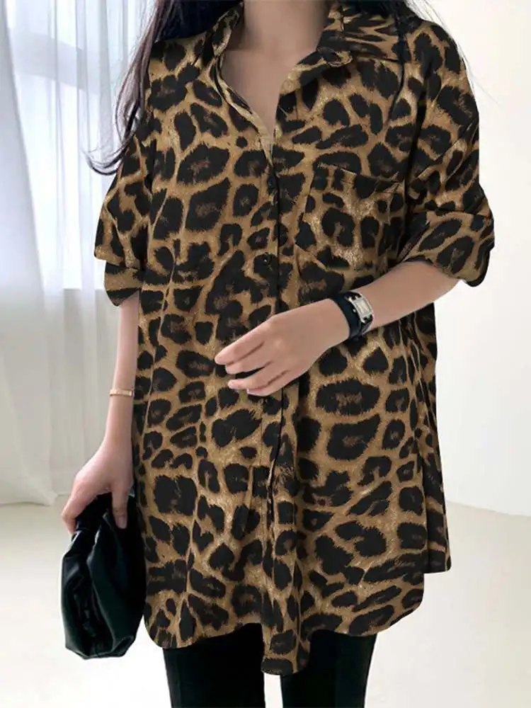 

Women Bohemian Leopard Print Shirt ZANZEA Vintage Button Loose Blusas Casual Tunic Top 2023 Autumn Lapel Neck Long Sleeve Blouse