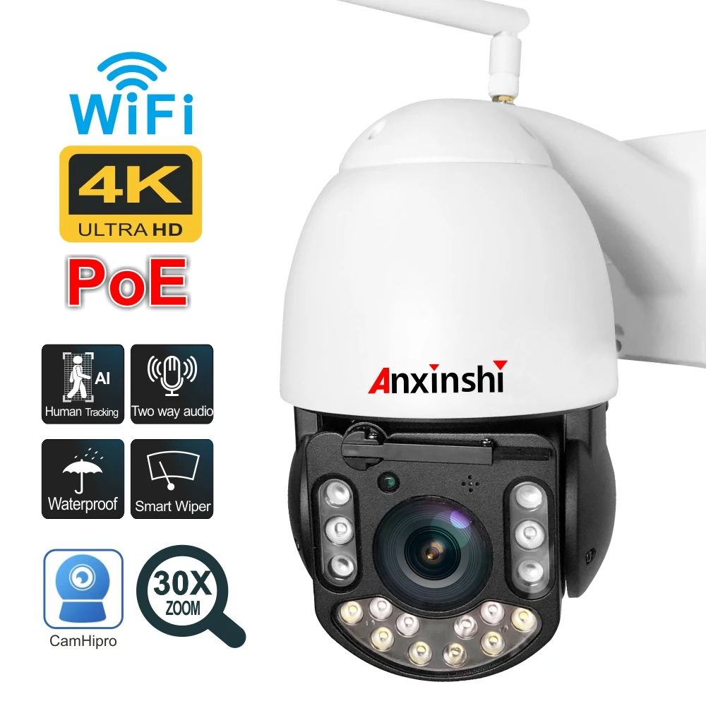 Anxinshi 8MP 4K POE WiFi PTZ Camera Human Tracking Two Way Audio Smart Wiper 30X Zoom Cam Full Color Night Vision CamHipro P2P