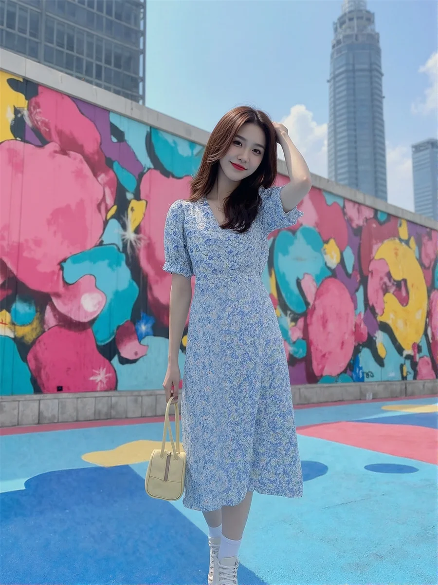 Vestidos Florais com Mangas Curtas Puff, Vestido Bonito e Elegante para Mulheres, Primavera, Corte Slim, Graduação, Com Detalhes em Camadas