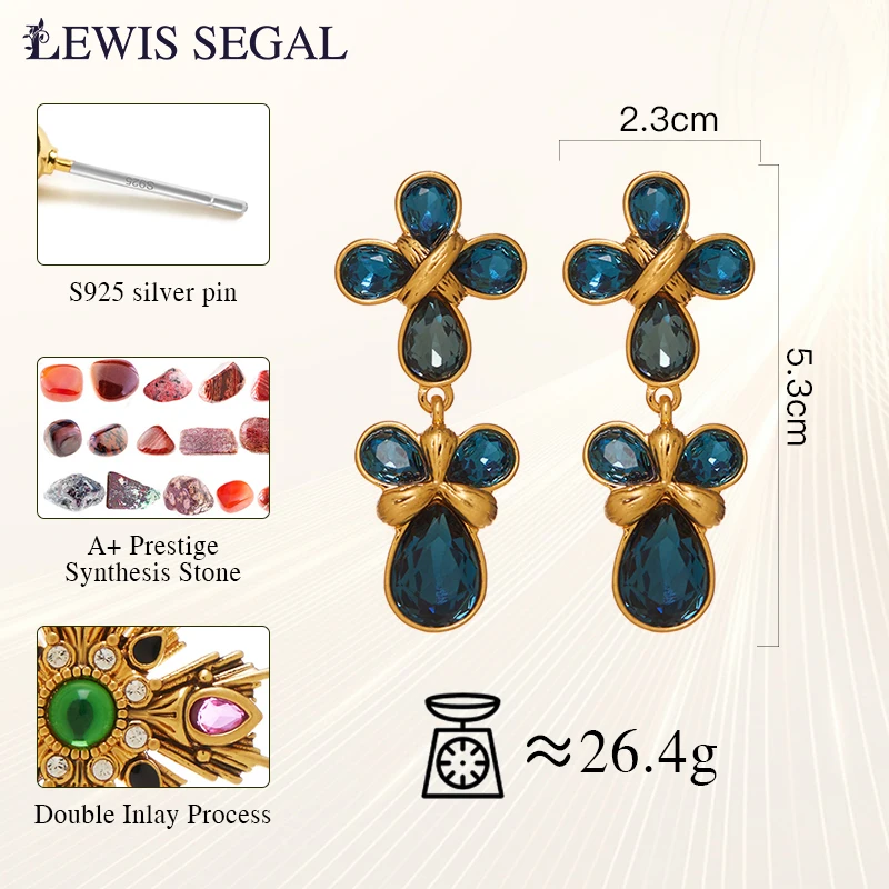 LEWIS SEGAL Crossed Dark Sapphire Drop Earrings for Women Independent Girl Luxury Medieval Style Fine Jewelry 18K Gold Plated