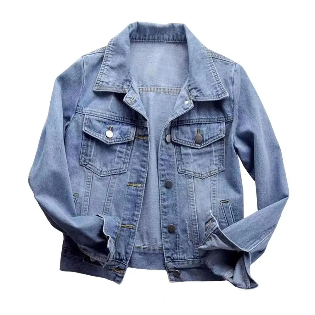 Veste en Jean à Manches sulfet Col Rabattu pour Femme, Simple Boutonnage, Couleur Unie, Collection Printemps Automne 2024