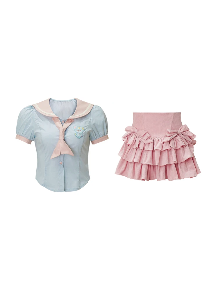 Lolita Kawaii Two Piece Set Women Summer Japanese College Style Party Mini Skirts Suit Blue Navy Collar Blouse + Pink Cake Skirt