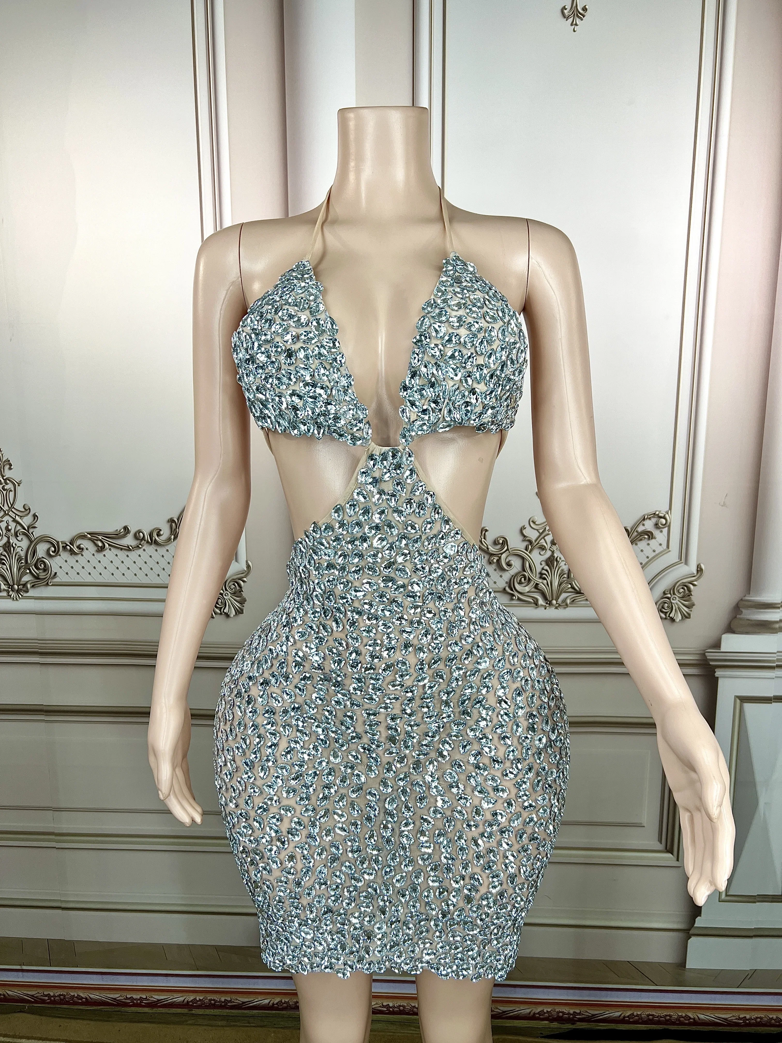 

Birthday Celebrate Sexy Performance Outfit Female Singer Stage Wear Full Silver Big Rhinestones Bright Bra MINI Dress
