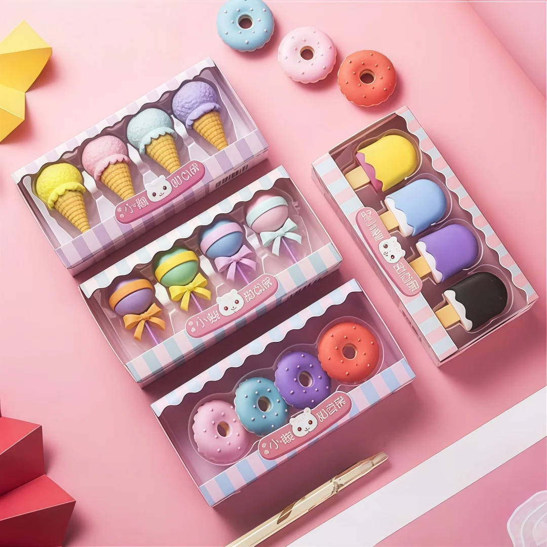4Pcs Creative Styling Student Eraser Ice Cream Cake Eraser Set Hamburger Cartoon Eraser Stationery Gift