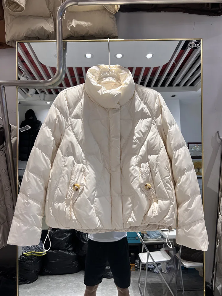 Women's winter new short style down coat Korean version stand up collar pocket button ribbon bread white duck down jacket