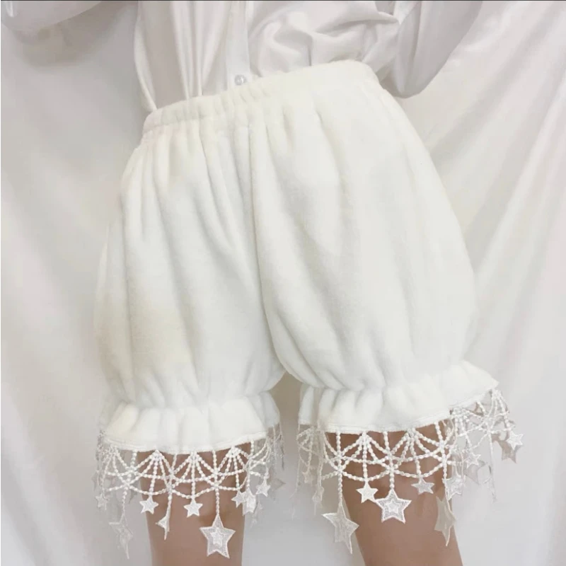 Japanese Kawaii Lolita Bloomers Women Victorian Sweet Ruffles Bow Coral Fleece Warm Safety Shorts Pants Girls Winter JK Knickers