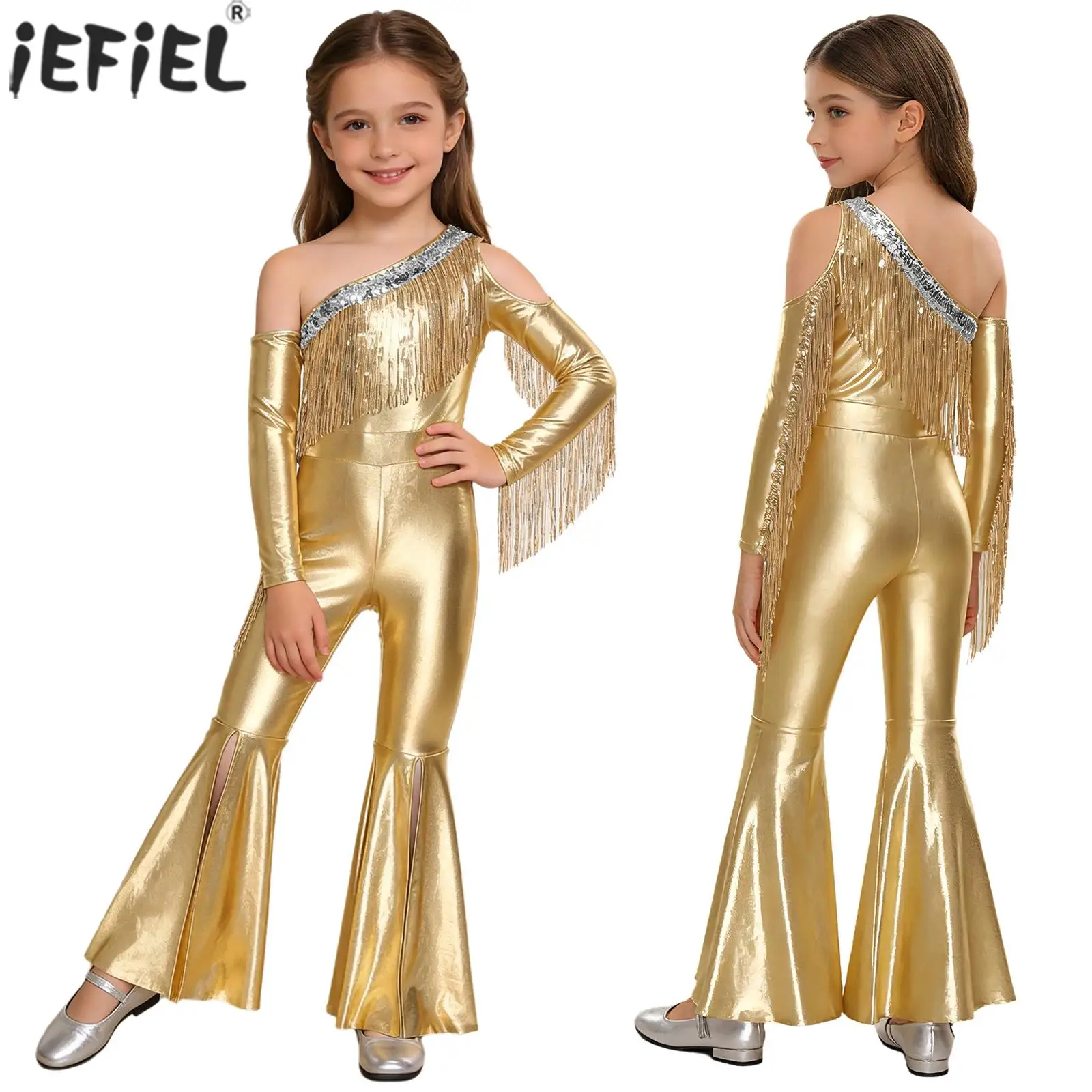 Kids Girls Disco Jazz Dance Jumpsuit Metallic Shiny Off Shoulder Sequin Tassel Bell Bottom Rompers for Birthday Pageant Party