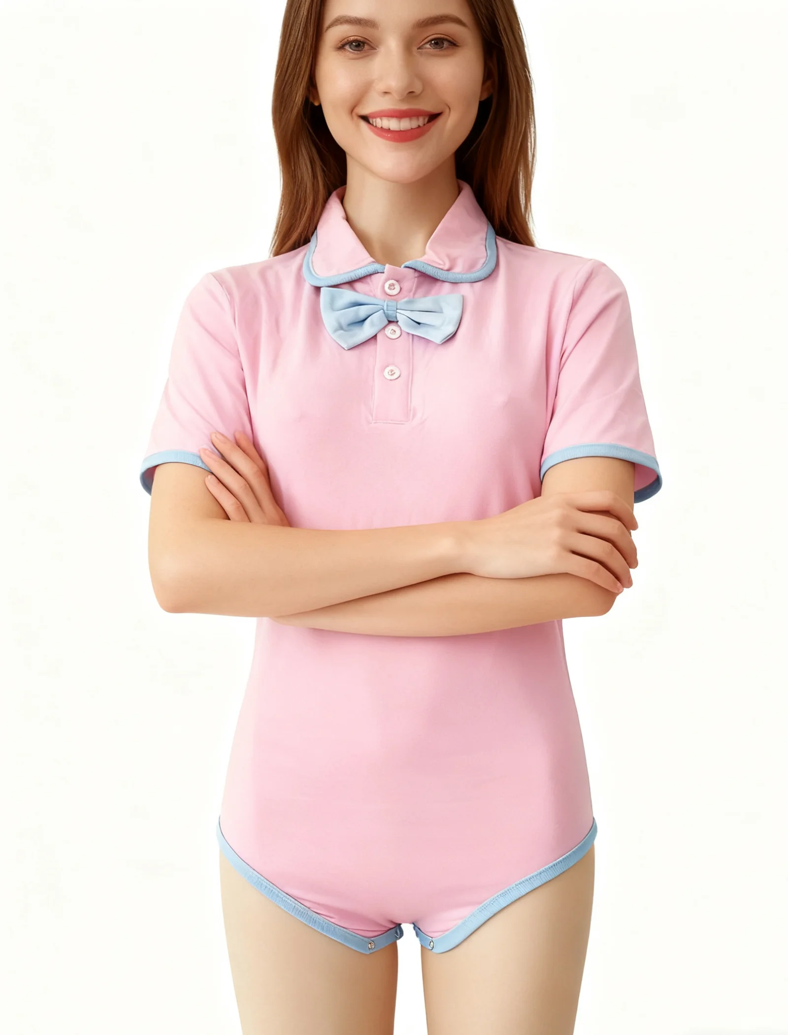 

Светло-розовое боди для взрослых с голубым бантом/комбинезон для взрослых/комбинезон для взрослых/одежда abdl