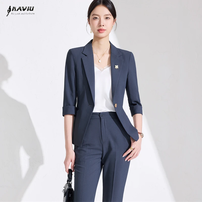 

NAVIU Women Casual Solid Slim Pant Suit New Fashion Short Sleeve Business Blazer And Trouser Office Ladies 2 Piece Set Work Wear