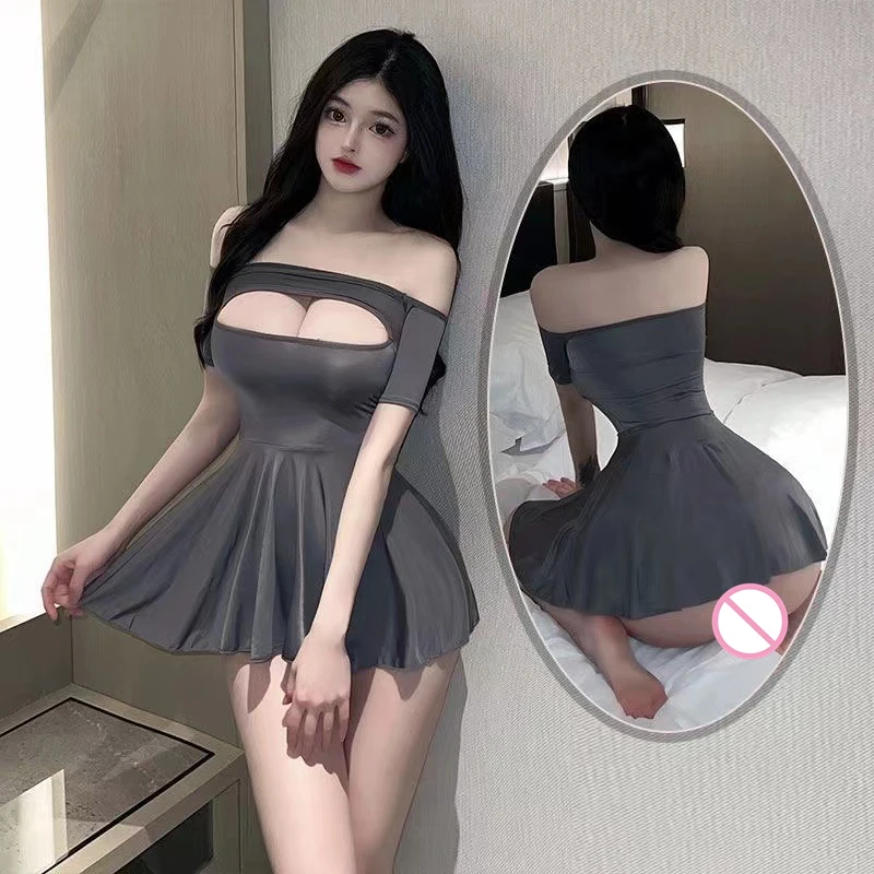 Plus Size Women A-Line Pleated Dress Ice Silk See Through Tight Mini Dress Clubwear Open Chest Short Sleeve Lingerie Nightdress