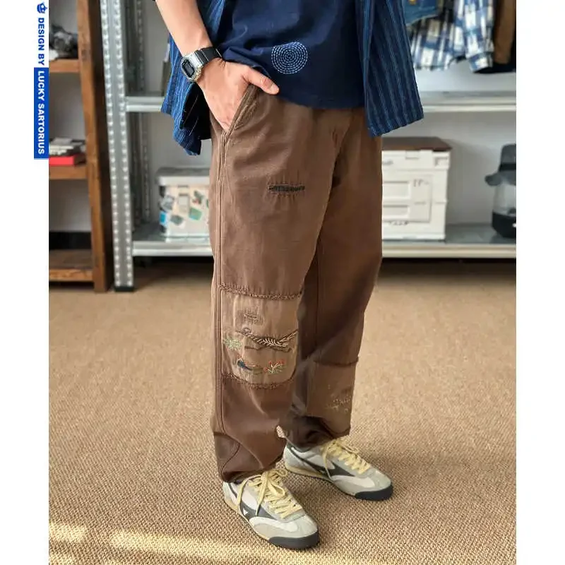 Japanese Retro Washed Torn Hole Patchwork Patch Embroidered Loose Casual Straight Leg Pants for Men Fashion