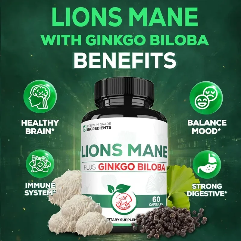 

Lion Hair Mushroom Capsules with 60 Ginkgo Biloba Leaf Supplements for Immune System and Attention Non GMO - Gluten Free
