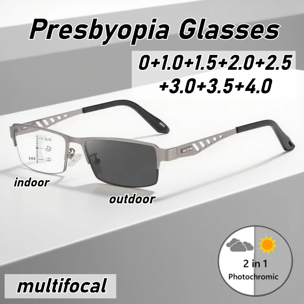 

Unisex Square Half Frame Progressive Multifocal Color Changing Presbyopia Glasses Photochromic Multifocal Reading Glasses