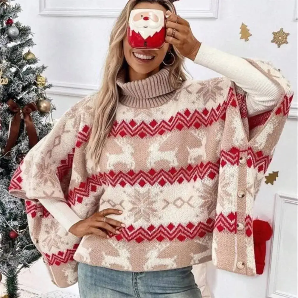 Turtleneck Christmas Elk Contrast Pattern Bat Sleeve Sweater Winter Clothes Woman Pulls Femmes Comfortable Casual Trendy