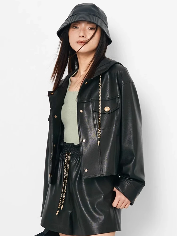 Hooded Genuine Leather Cropped Jackets for Women Spring Autumn High-end Simple Single Breasted Soft Black Real Sheepskin Coat