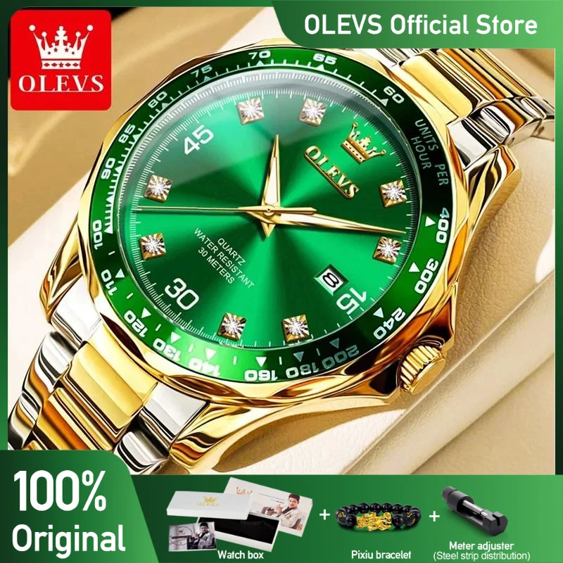 OLEVS-reloj analógico de acero inoxidable para hombre, accesorio de pulsera de cuarzo resistente al agua con calendario, complemento masculino de marca de lujo con esfera luminosa, complemento masculino de marca de moda clásica y Original