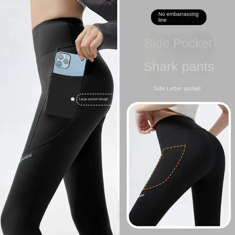 Invisible open crotch pants, leggings, spring and autumn high waisted hip tight pants, yoga, fitness, Barbie pocket shark pants