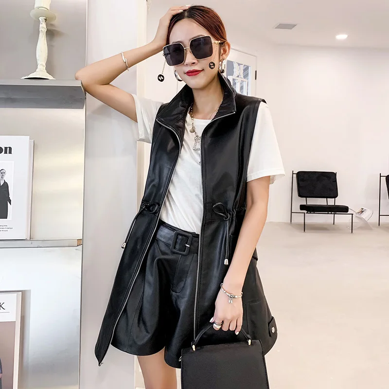 100% couche supérieure en peau de mouton gilet femme noir en cuir véritable veste sans manches nouveau dans gilet automne vêtements 2025 femmes veste femme