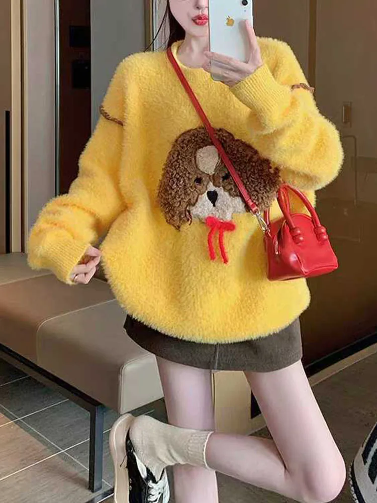 

Retro American Embroidered Cute Little Dog Soft round Ne Sweater Women Loose Knitted Winter Coat Autumn Spring Casual Wear