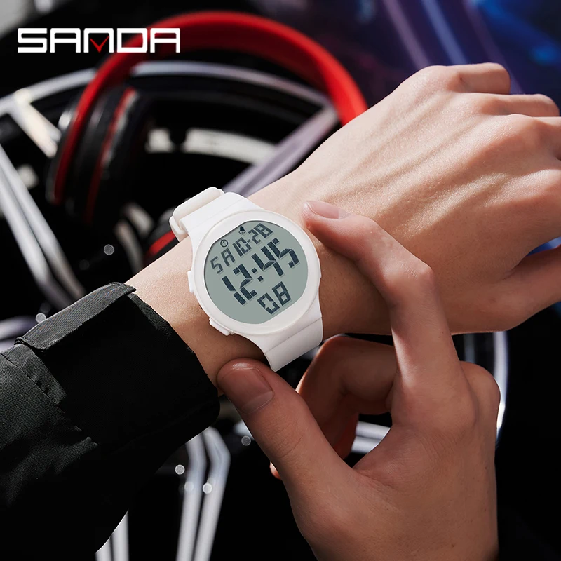 SANDA New Trendy Fashion Men\'s Electron Watch Silicone Strap Big Screen LED Digital Water Resistant Alarm Clock Sports Stopwatch