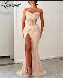 Sexy African Party Dresses Nude Beads Pearls High Split Side Long Prom Dress Custom Made Evening Mermaid Abendkleider Luxus 2023