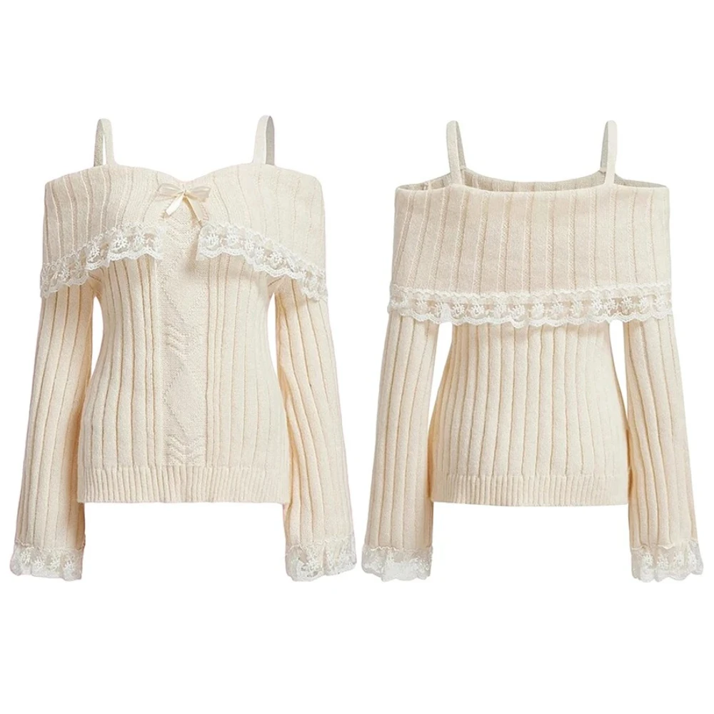 

Однотонные свитера с кружевной отделкой, вязаный свитер с лямкой на одно плечо для женщин, уникальный европейско-американский свитер с длинными рукавами