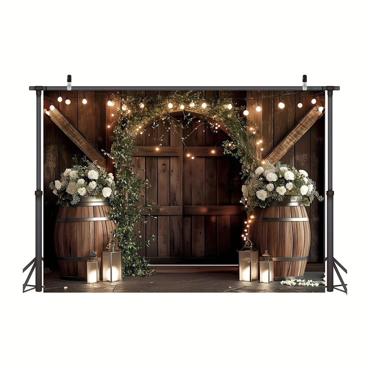 Rustic barn door background Retro country wedding white floral plank light Western anniversary photography background