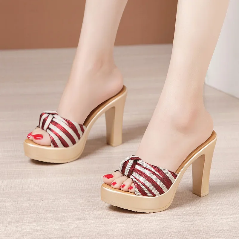 Big Size 32-43 Open Head Bow Stripe Slides Women Shoes Sumer 2024 High Heels Slippers Ladies Office Beach Slippers