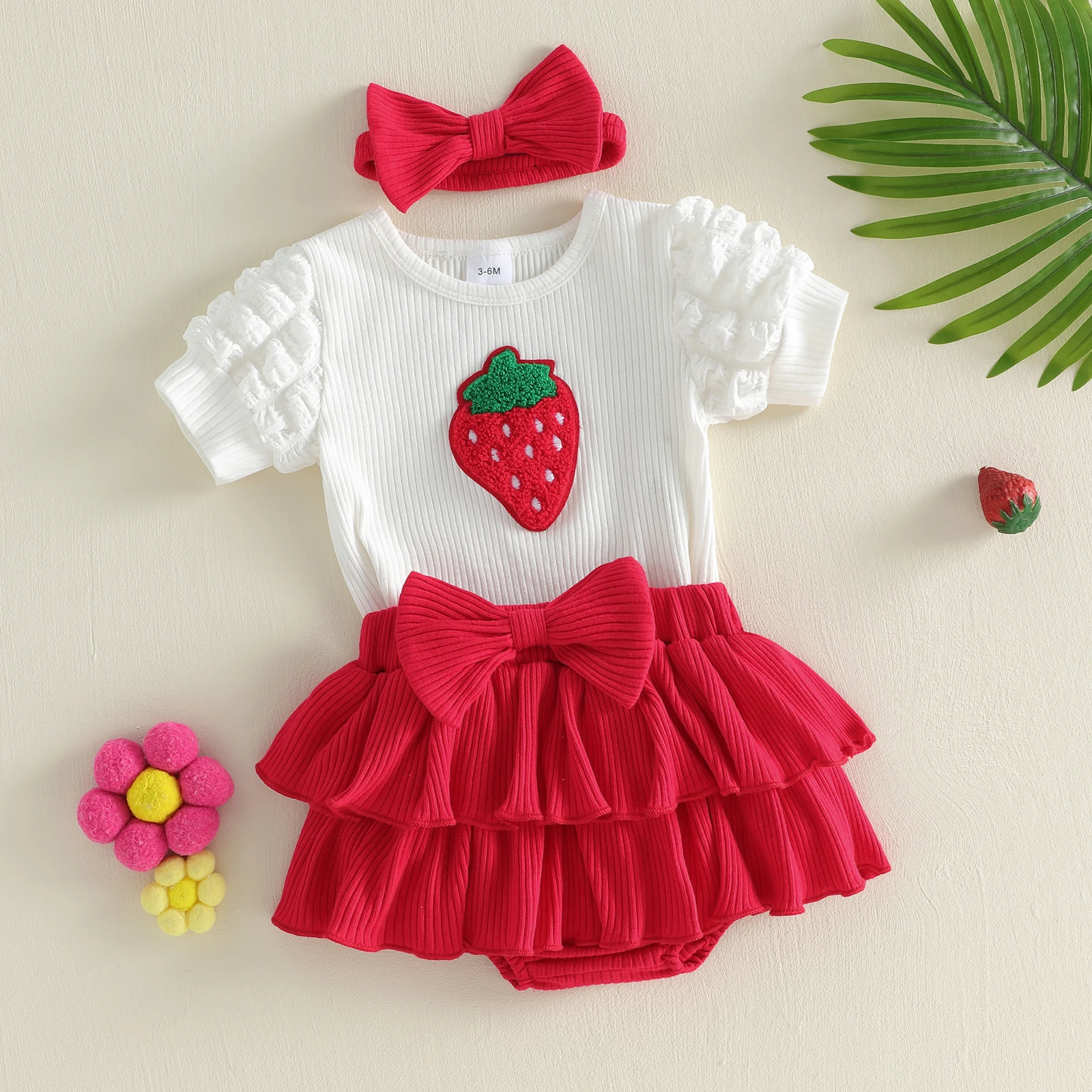 

Комплект шорт Tregren для маленьких девочек, комбинезон с короткими рукавами и вышивкой клубники, шорты с эластичной резинкой на талии и повязкой для волос, летний наряд