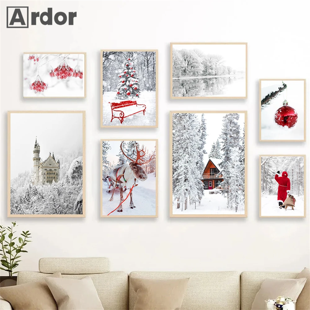 

Winter Landscape Snow Painting Poster Forest Elk Canvas Print Picture Christmas Art Prints Nordic Wall Posters Living Room Decor