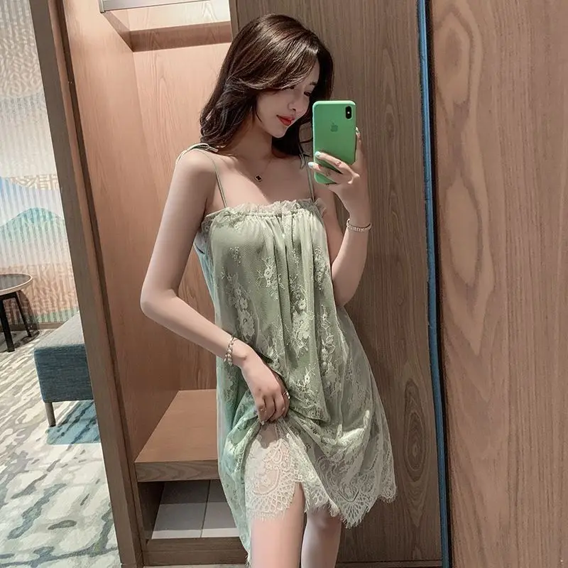 Hot Sale Sexy  Sleepwear Lace Nightgown Women See-through Loungewear Pajamas Summer Nightwear Solid Night Gown Mini Dress