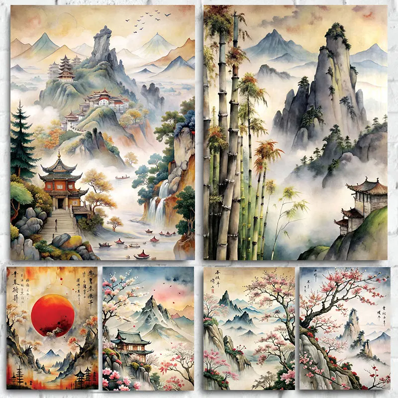 Landscape Series Mountain and Wilderness Mist Ancient Style Poster Canvas Painting Ink Art Wall Prints for Room Home Decor