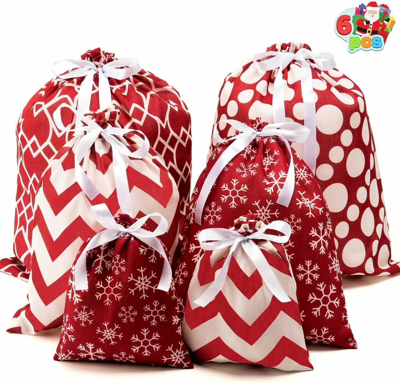 Sloosh 6 Stück Stoff-Geschenktüten in Eleganter Roter Farbe mit 3 Größen für Jede Jahreszeit, Feiertagsgeschenke, Dekoration für Feiertagspräsente