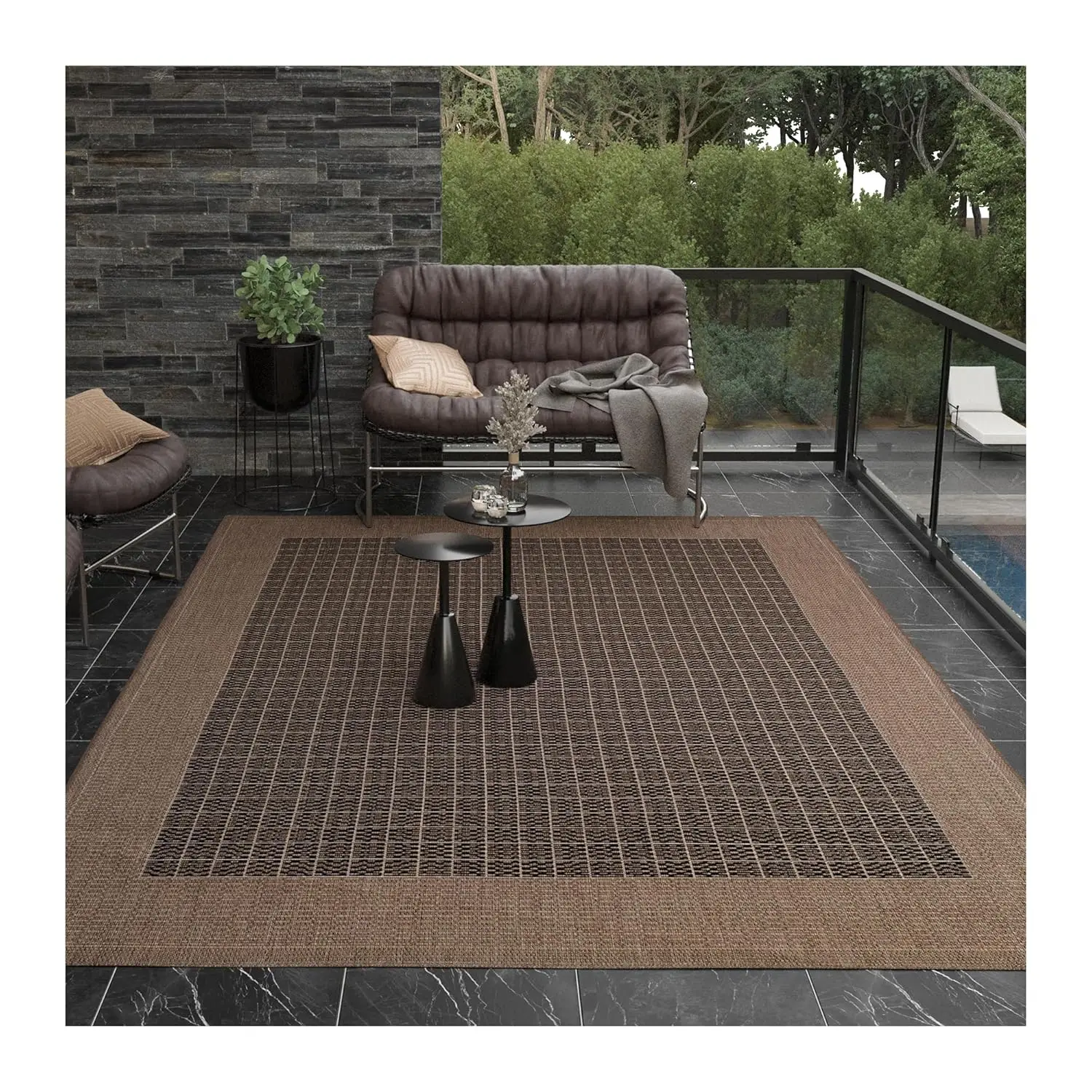 

Квадратный ковер в клетку для дома и улицы, 7'6", черно-коричневый, моющийся, безопасный для детей и животных, для патио и гостиной, на заказ