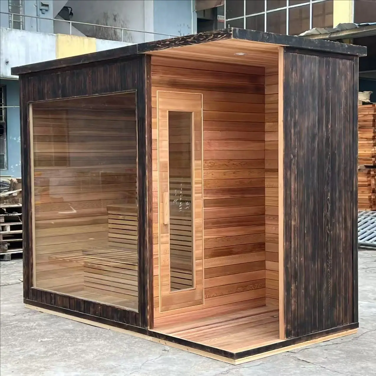 Modern Designed Solid Red Cedar Wood Steam Sauna Room with Extra Shower Stove Electric Heating for 4-6 People for Villas